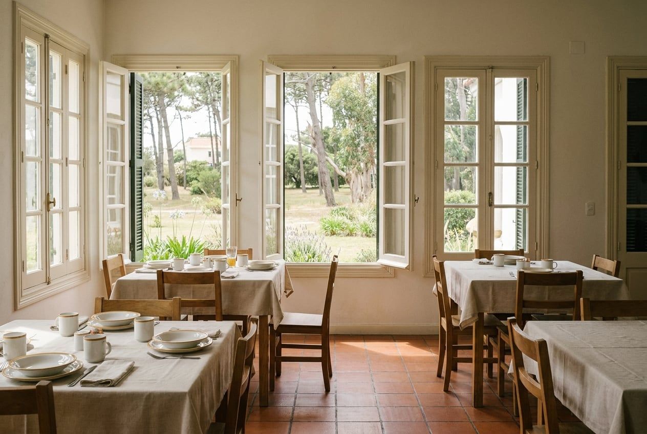Comedor con mesas de madera puestas para el almuerzo y ventanales abiertos al parque.