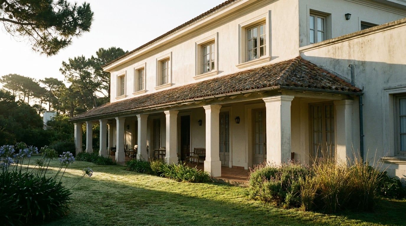 Frente de la casa al amanecer, con la galería en sombra y el jardín delantero iluminado.
