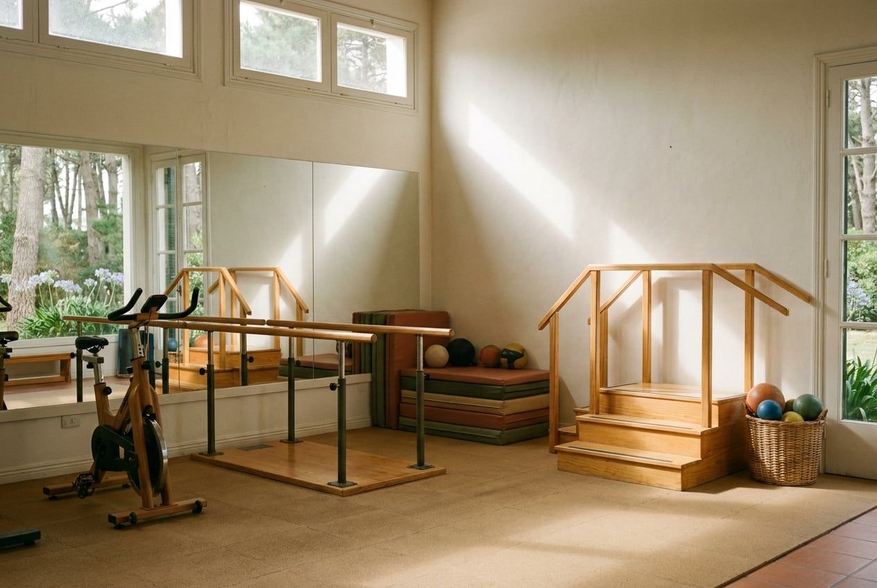 Sala de gimnasia con bicicleta fija, paralelas de madera, colchonetas y espejo lateral.