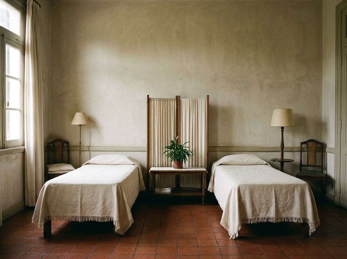 Habitación compartida con dos camas separadas por una mesa baja y un biombo de tela.