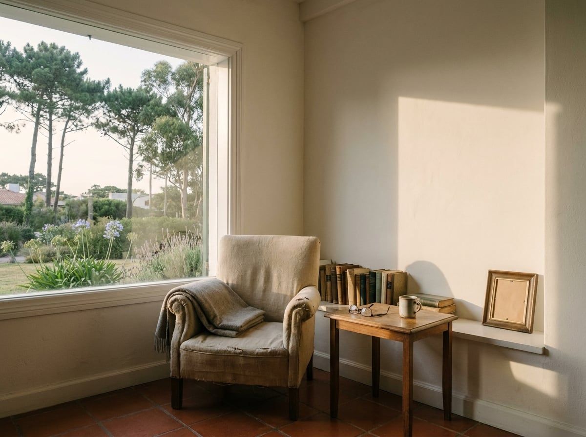 Rincón de lectura junto a la ventana, con sillón orejero, manta doblada y estante de libros.