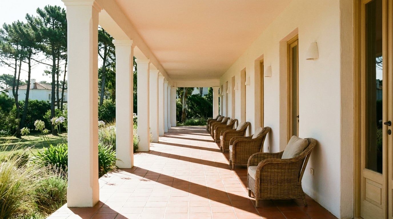 Galería que da al jardín, con sillones de mimbre alineados y sombra de las columnas en el piso.