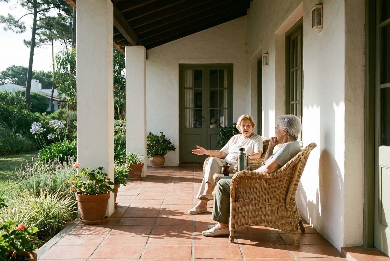 Dos mujeres mayores conversan en los sillones de la galería, con el mate entre ambas.