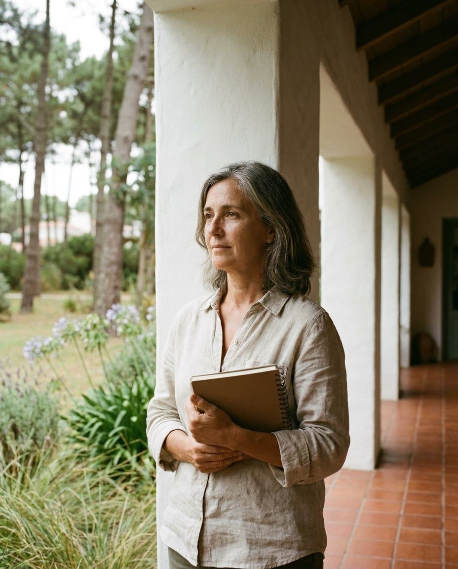 Una mujer de unos cincuenta años, de pie en la galería junto a una columna, con un cuaderno cerrado en la mano.