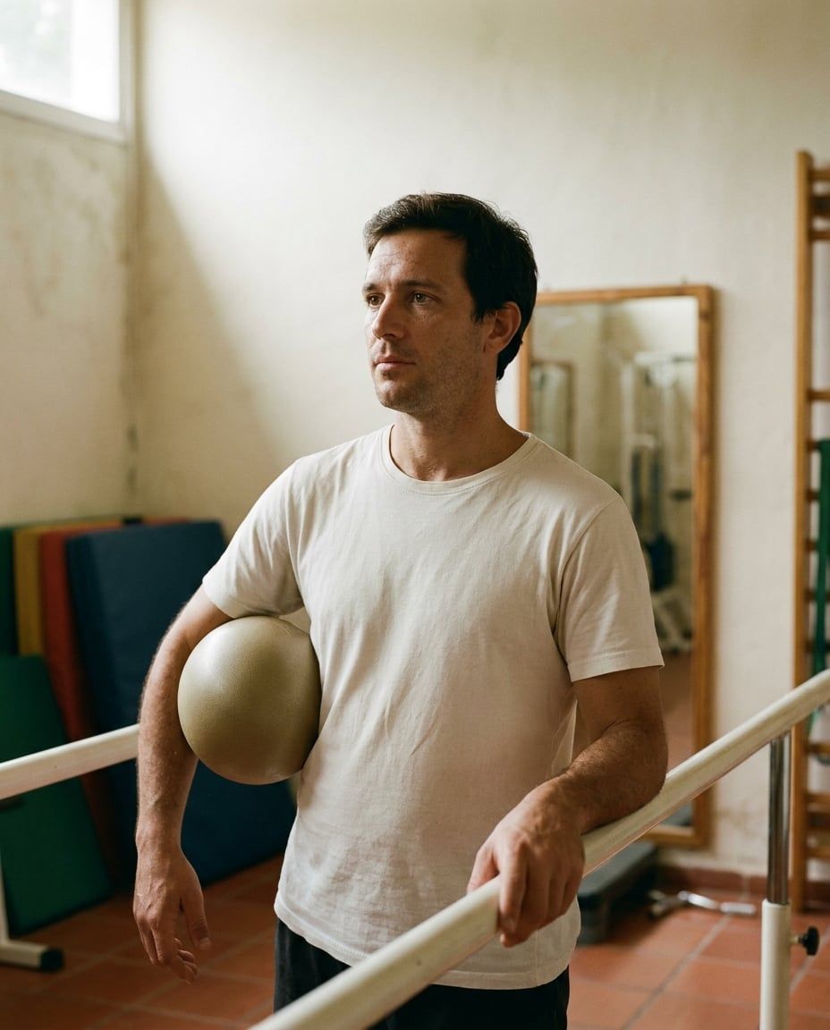 Un hombre de unos treinta años apoyado en las barras paralelas de la sala de gimnasia, con una pelota de goma bajo el brazo.