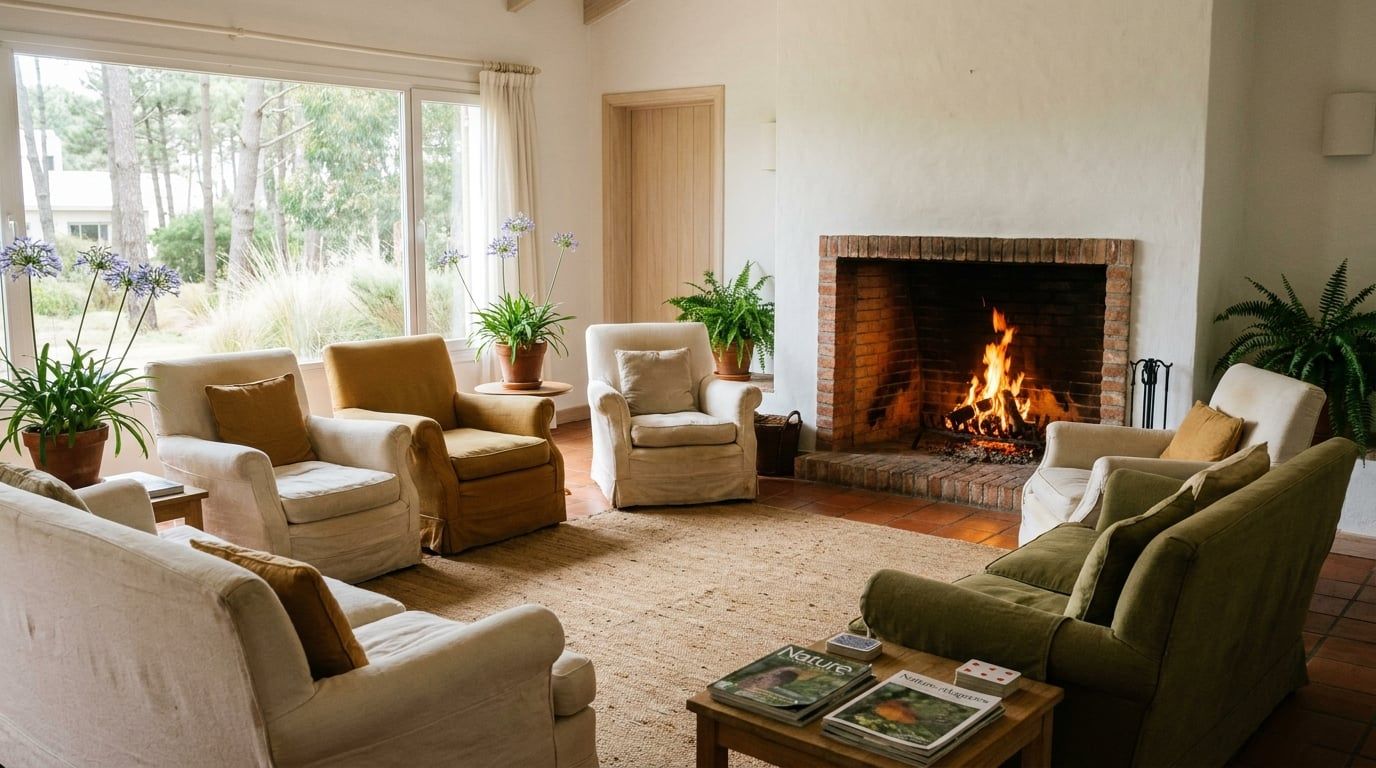 Sala de estar con chimenea encendida, sillones dispuestos en círculo y alfombra gastada.