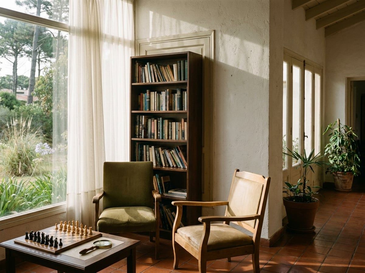 Zona de lectura junto al ventanal, con biblioteca de madera, butacas y un ajedrez a medio jugar.